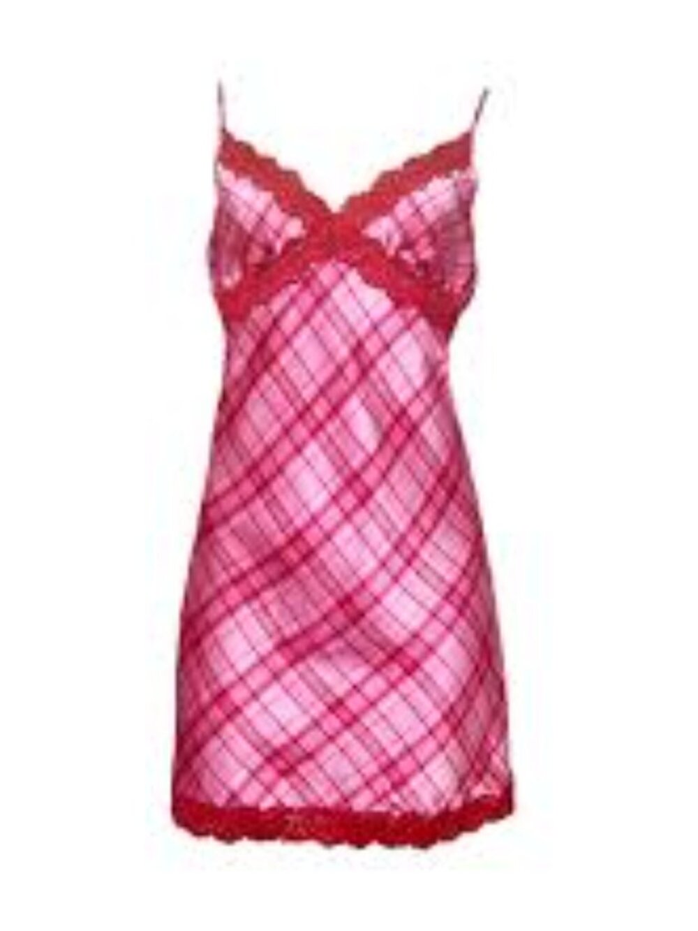 NEW Jaclyn Smith Sleepwear Pink Red Plaid Satin Chemise Slip Dress Delicate Lace